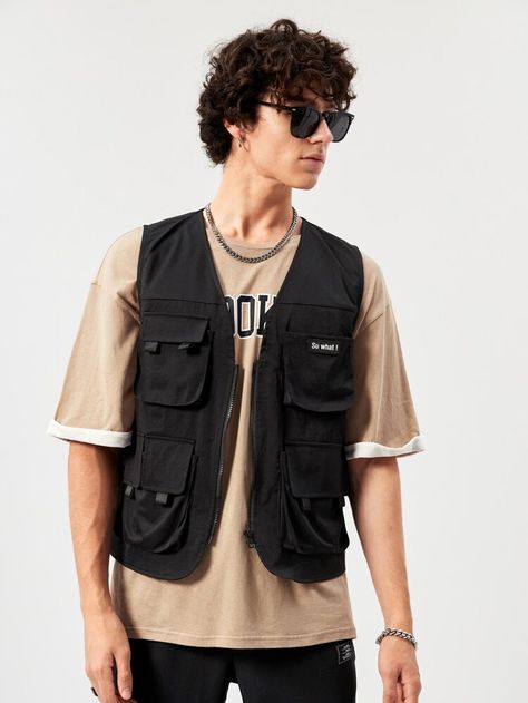 SHEIN Men Letter Patched Flap Pocket Vest Jacket | SHEIN USA Jacket Vest Outfits Men, Black Vest Men Outfit, Vest Jacket Outfit Men, Cargo Vest Outfit Men, Gilet Outfit Men, Vest No Shirt, Utility Vest Outfit Streetwear, Black Vest Outfit Men, Utility Vest Outfit Men