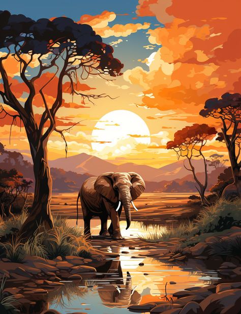 Elephant In The Jungle, Sunset Abstract Art, Elephant Pictures Art, African Art Paintings Abstract, Savannah Painting, African Sunset Painting, African Landscape Painting, Lion Landscape, African Animals Art