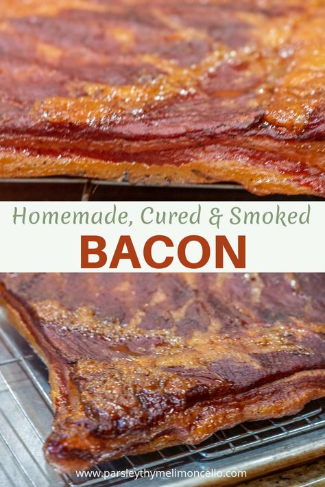 Salt Cured Bacon, Make Your Own Bacon, Smoker Bacon Recipes, Homemade Canadian Bacon, Homemade Bacon Recipes Pork Belly, Make Bacon From Pork Belly, Homemade Smoked Bacon, Making Bacon From Pork Belly, How To Make Smoked Sausage