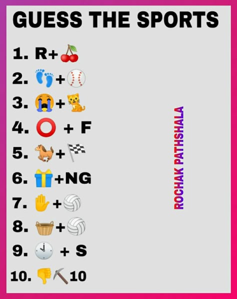 #guessthesports #sports #cricket #sportspuzzle #puzzle #riddle #whatsapppuzzle #new #now #pinterest Guess The Emoji Answers, Holi Games, Emoji Answers, Logic Puzzles Brain Teasers, Guess The Emoji, Emoji Puzzle, Sports Quiz, Sports Activities For Kids, Building Silhouette