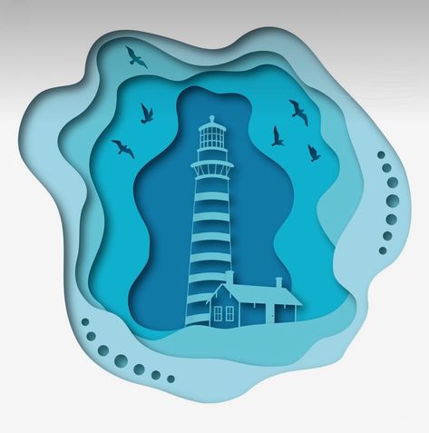 Papercut Graphic Design, Papercut Illustration Vector, Lighthouse Graphic Design, Seagulls Illustration, Illustration Papercut, Blue Lighthouse, Papercut Illustration, Seagull Art, 3d Svg Files