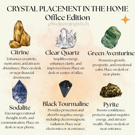 Crystal Placement in the home: Office Edition . . . . . . . . . #wiccansofinstagram #witchlife #witchesofinstagram #witch #witchcraft #wicca #wiccan #pagan #spiritual #spiritualawakening #Spirituality #witchessociety #witchytips #magic #babywitch #beginnerwitch #witchy #witchesoftiktok #witchtok #crystals #crystalmagic Crystals Uses Witchcraft, Crystals And Witchcraft, Witchy Home Decor Ideas, Crystals In Witchcraft, Crystal Placement In Home, Witches Facts, Crystal Witchcraft, Spiritual Topics, Crystal Placement