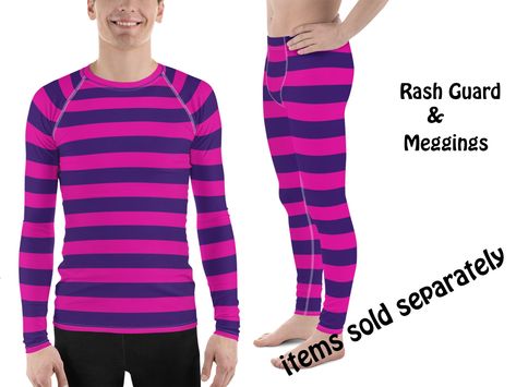 Cheshire Cat Athletic Halloween Costume Men Meggings Leggings Rash Guard Shirt Alice Wonderland Character Running Surfing Activewear Party #meggings #cheshire #cat #costume #men #fashion #aliceinwonderland #cosplay #activewear #costume #Halloween #party #outfit #gift #giftforhim #pride #Disney #disneystyle #disneyworld #striped #set #cat #cheshire #pink #purple #male #character #cartoon Mens Cheshire Cat Costume, Human Cheshire Cat Male, Run Disney Costumes Men, Plus Size Cheshire Cat Costume, Cheshire Cat Running Costume, Alice In Wonderland Outfit, Surf Shirt, Mens Leggings, Mens Halloween Costumes