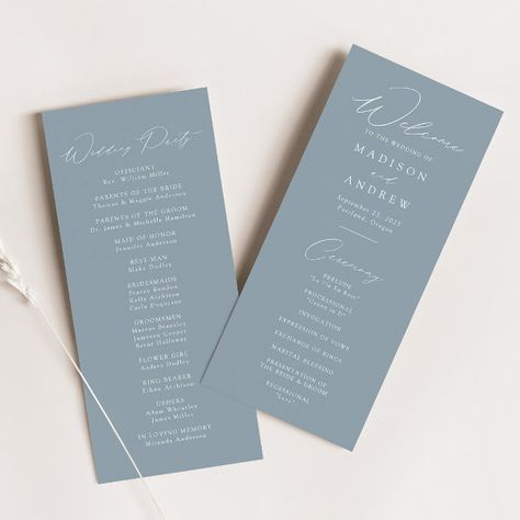 Modern Elegant Dusty Blue Wedding Program Dusty Blue Wedding Programs, Wedding Program Display, Simple Dusty Blue Wedding, Modern Elegance Wedding, Chic Centerpieces, Dusty Blue Background, Modern Wedding Program, Elegant Wedding Programs, Honey Wedding