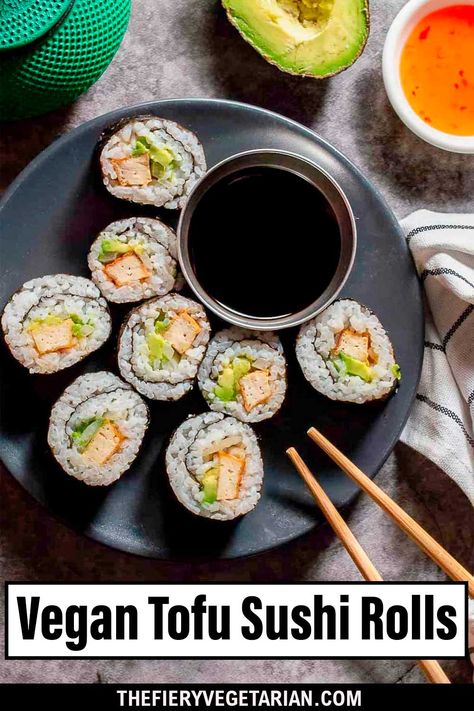 This easy recipe makes eight filling vegan tofu sushi rolls with creamy avocado, sticky sweet chili tofu, and thinly sliced tangy onion. Add some Sriracha while braising the crispy tofu for a spicy kick. Make restaurant-quality vegetarian and vegan sushi for a fraction of the price! Sweet Chili Tofu, Chickpea Spinach Curry, Chili Tofu, Tofu Sushi, Vegan Gnocchi, Chickpea Spinach, Spicy Vegetarian Recipes, Spicy Vegan Recipes, Chickpea And Spinach Curry