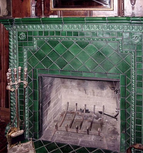 Green Tile Fire Place - Why Tile Wood Paneled Room, Ceramic Tile Fireplace, Green Fireplace, Paneled Room, Green Ceramic Tile, Hearth Tiles, Craftsman Fireplace, Fireplace Redo, Green Tiles