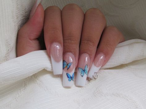 White French Nails With Butterflies, Buterfluffy French Nails, White French Butterfly Nails, White Nails Blue Butterfly, Light Blue With Butterflies Nails, Army Nails, Foil Nail Designs, Butterfly Nail Designs, Gel Nails Diy