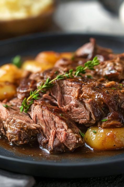 A flavorful chuck roast with garlic and herbs that’s slow-cooked to tender perfection. Perfect for your next dinner party or family gathering! Slow Cooker Garlic Herb Pot Roast, Boneless English Roast Recipes, Bone In Chuck Roast Recipes, Chuck Eye Roast Recipes, Chuck Beef Recipes, Best Chuck Roast Recipe, Chuck Steak Recipes, Tender Chuck Roast, Chuck Roast Recipe