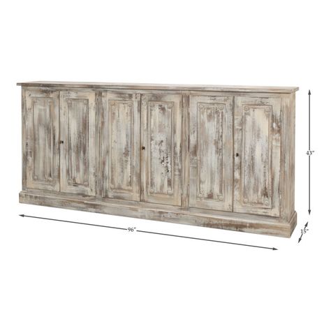 World Menagerie Bellagio Sideboard, 96", White/Grey | Perigold Distressed Buffet Cabinet, White Wash Cabinets, Painted Buffet Table, Wall Curio Cabinet, Painted Buffet, Farmhouse Cabinets, Farmhouse Sideboard, Style Anglais, Painted Sideboard