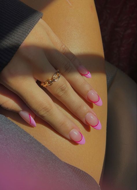 Hot pink french tip nails Light Pink French Nails Tips, French Tips With Line, French Tip Nails With Pink Line, Nail Inspo Hot Pink French Tip, Hot Pink Gel Nails Ideas, Two Tone Pink French Nails, Pink French Tip Nails With White Line, Red And Pink Tip Nails, Red Pink French Tip Nails