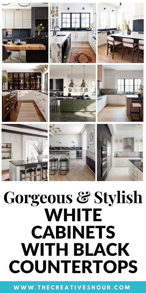 Unlock the charm of modern farmhouse decor with white cabinets and black countertops. Explore kitchen and bathroom ideas, backsplash inspiration, and the allure of gold hardware. Dive into a world of creativity with marble and quartz counters. #FarmhouseDecor #WhiteCabinets #BlackCountertops #BacksplashIdeas Black And Gold Cabinet Hardware On White Cabinets, White Cabinets With Black Countertops Backsplash Ideas, Kitchens With Black Granite Countertops And White Cabinets, Kitchens With White Cabinets And Black Granite Countertops, Black Countertops White Cabinets Kitchen, Cream Cabinets With Black Countertops, White Kitchen Cabinets Gray Walls Black Counters Marble Countertops, White Kitchen Black Countertops, White Cabinets With Dark Countertops