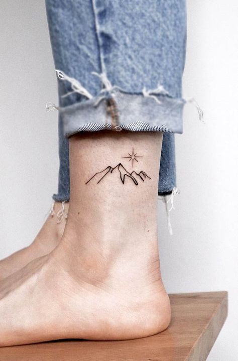 Mountain Tattoo On Ankle, Mountain Hip Tattoo, Ankle Mountain Tattoo, Small Colorado Tattoo, Swiss Tattoo Ideas, Ankle Tattoo Mountain, Mountain Tattoo Ankle, Grand Canyon Tattoo, Outdoor Tattoo Ideas