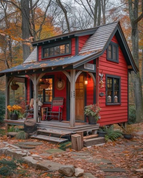 Small Cottage Homes, Tiny Cabins, Dream Cottage, Tiny Cabin, Small Cottage, Tiny House Cabin, Small Cabin, Red House, Cabin In The Woods