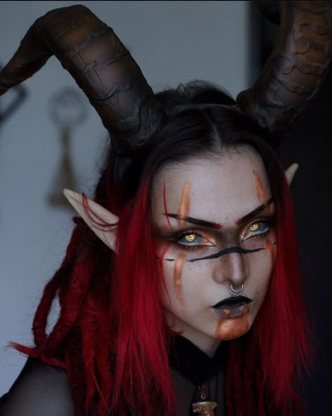 Dark Elf Cosplay Outfit, Tiefling Costume, Tiefling Makeup, Villain Redemption, Dark Elf Cosplay, Dark Fae Costume, Tiefling Cosplay, Dark Fairy Makeup, Demon Makeup