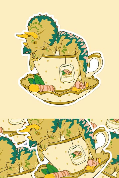 This dinosaur sticker features a cute triceratops bathing in their cup on turmeric tea. Very health-conscious! Part of my teacup dino series. Triceratops Cute, Cute Triceratops, Funny Lizards, Teacup Tattoo, Dinosaur Room Decor, Dinosaur Room, Dinosaur Drawing, Dinosaur Illustration, Dinosaur Stickers