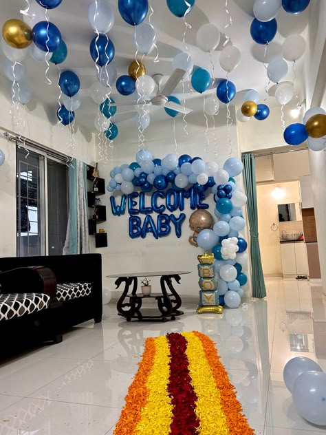 Baby Boy Welcome Decoration At Home, Welcome Baby Decoration Ideas At Home, Baby Boy Welcome Decoration, Welcome Baby Boy Decoration Ideas, Welcome Home Decoration, Balloon Decoration For Birthday, Simple Balloon Decoration, Bts Craft, Welcome Decoration