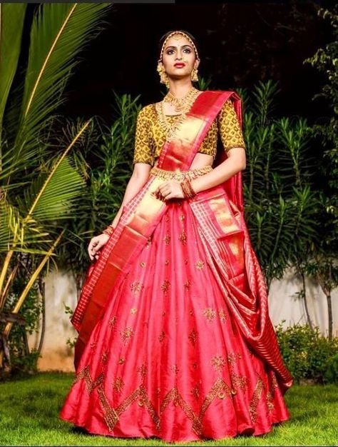 Can Can Saree, Saree In Lehenga Style, Langa Models, Pavadai Thavani, Lehenga Traditional, Draping Saree, Draping Design, Sari Lehenga, Saree Drape