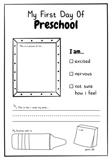 Pre K First Day Of School, First Week Of Preschool Activities Ideas, K3 Activities, First Day Of Preschool Worksheets, Fun Last Day Of School Activities Preschool, First Day School Activities Preschool, Preschool 1st Day Of School Activities, First Day Of School Worksheets Preschool, First Day Of Prek Craft