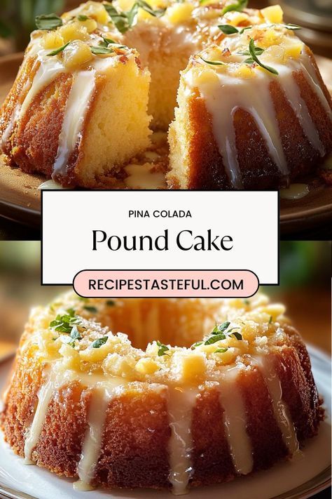 Indulge in the tropical flavors of this Pina Colada Pound Cake, a delightful blend of butter, coconut, and crushed pineapple. Topped with a sweet coconut glaze, this cake is perfect for gatherings or as a sweet treat at home. A slice of paradise that brings a taste of the tropics to your table! Samoa Cookie Pound Cake, Pina Colada Bundt Cake Recipe, Pins Colada Pound Cake, Pins Colada Cake, Pineapple Coconut Pound Cake, Pineapple Juice Cake 12 Tomatoes, Pina Colada Pound Cake, Pina Colada Cake Recipe Easy, Pina Colada Rum Cake Recipe