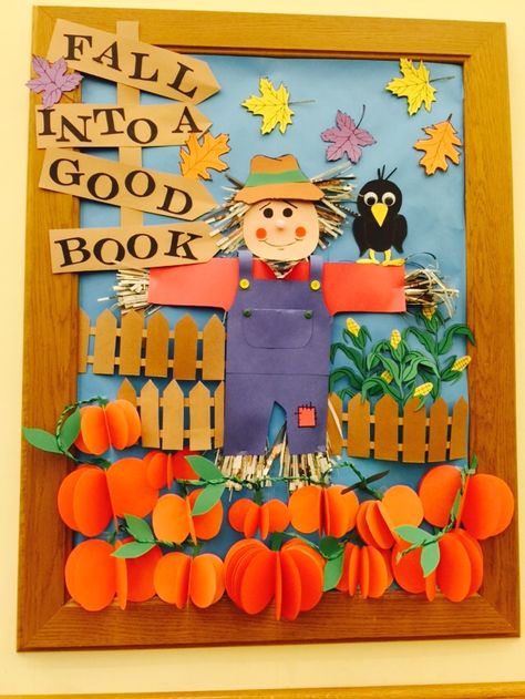 Fall Into A Good Book display at our Columbia Branch Fall Library Displays, Middle School Decor, Fall Photo Booth, Thanksgiving Door Decorations, Fall Classroom Door, Fall Festival Decorations, Halloween Classroom Door, Kids Bulletin Boards, Baby Diy Projects