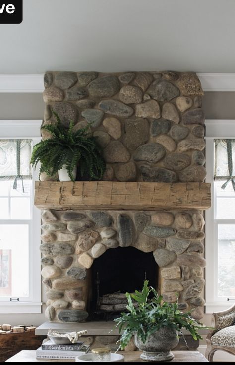 Stone Fireplaces With Mantle, River Rock Stone Fireplace, Round Stone Fireplace, Cottage Stone Fireplace, Natural Stone Fireplace, Round Rock Fireplace, River Rock Fireplace Ideas, Stone And Wood Fireplace, River Rock Fireplace Makeover