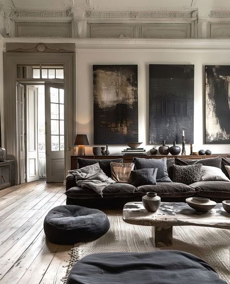 Moody Room With White Walls, Easy Fire Pit Ideas, Dark Earthy Living Room, Male Living Room, Beige And Black Living Room, Neutral Interior Design, Easy Fire Pit, Minimalist Living Room Ideas, Living Colors