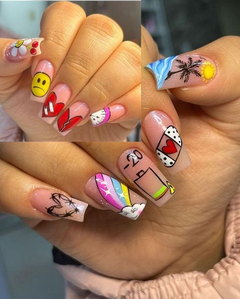 Animated Nail Art, Karol G Nails Ideas, Inside Out Nail Art, Karol G Nails Design Mañana Sera Bonito, Karol G Nails Design, Karol G Nails, Nail Designs Gel, Tip Nail Designs, Birthday Nail Designs