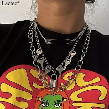 Gothic Choker Necklace, Angel Pendant Necklace, Gothic Chokers, Key Pendant Necklace, Layered Chain Necklace, Chunky Chain Necklaces, Lock Necklace, Angel Pendant, Rock Punk