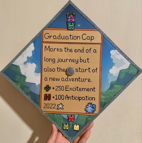 College Grad Cap Ideas, Stardew Valley Tips, Grad Cap Decorated, Graduation Cap Decoration Diy, High School Graduation Cap, College Graduation Cap Decoration, Grad Hat, Grad Cap Designs, Diy Graduation Cap