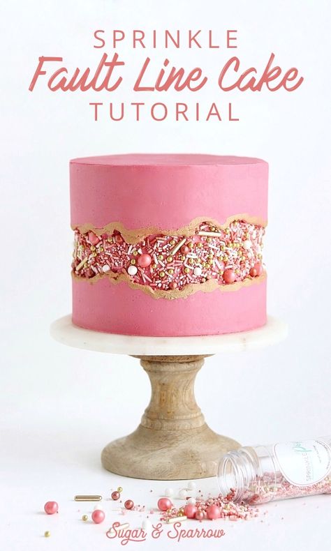 Learn how to create this Sprinkle Fault Line Cake with the prettiest "Vintage Rose Gold" sprinkles by SprinklePop | Sugar & Sparrow | #sprinkles #sprinklepop #faultlinecake #rosegoldcake #cakedecorating #cakedesign #caketrends #cakeideas #cake #caketutorial #pinkcake #pinkandgoldcake Fault Line Cake Tutorial, Rose Gold Sprinkles, Fault Line Cake, Rodjendanske Torte, Rose Gold Cake, Sprinkle Cake, Vintage Rose Gold, Cake Decorating Tutorials, Pink Cake