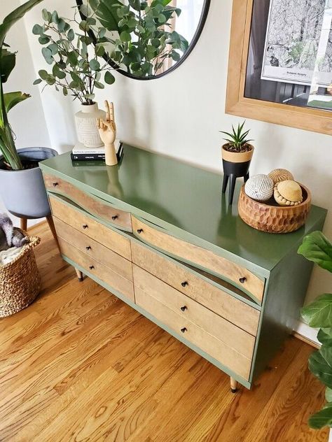 Two Tone Green Dresser, White And Green Dresser, Mid Century Modern Painted Furniture, Painted Mid Century Dresser, Master Dresser, Dresser Remodel, Retro Dresser, Wood Bowl Decor, Green Dresser