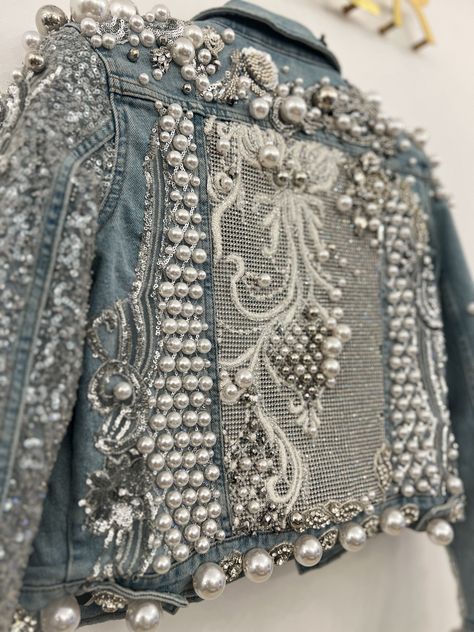 Embellished denim jacket Pearl Embellished Denim Jacket, Denim Jacket Embellished, Embellished Jacket Diy, Beaded Jean Jacket, Embellishments Fashion, Customized Denim, Embellished Jean Jacket, Pearl Jacket, Upcycled Denim Jacket