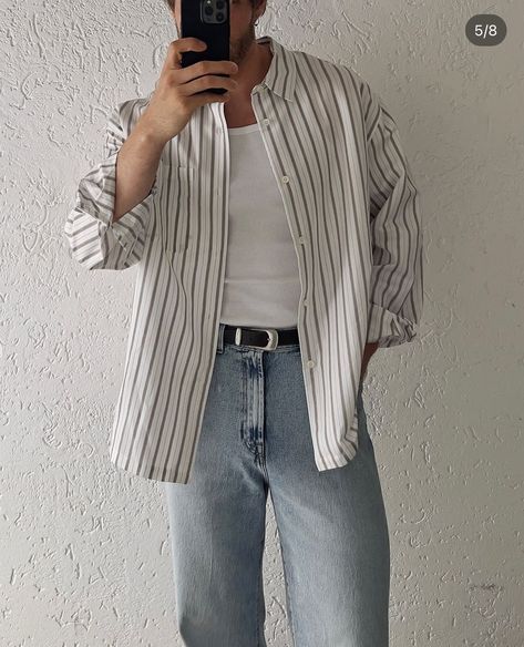 White Tank Top Outfit Men, White Shirt Black Jeans, White Striped Shirt Outfit, White Tank Top Outfit, White Shirt Outfit, Outfits With Striped Shirts, Striped Shirt Men, Jeans Outfit Men, Streetwear Korean