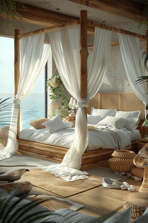 21 Modern Coastal Bedroom Ideas for a Relaxing Retreat 48 Beach Mansion Bedroom, Bedroom With Sea View, Spa Inspired Bedroom, Master Beach Bedroom, Modern Coastal Bedroom Ideas, Beach House Bedroom Master Ocean Views, Bedroom Ocean View, Bedroom With Balcony, Modern Coastal Bedroom