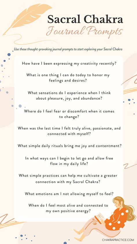 Do you often feel blocked spiritually, creatively, or sexually? Here are 50 stimulating, thought-provoking questions that will allow you to dive deeper into exploring your Sacral Chakra. #sacralchakra #chakra #chakrahealing #meditation #chakrabalancing #chakraalignment #chakrawork #chakrabalance #womenscircle #shadowwork #chakrabalancing #crystals #crystalworkshop #chakracrystals #chakraworkshop #selflovetips Sacral Chakra Healing Journal Prompts, Sacral Chakra Shadow Work, Sacral Chakra Shadow Work Prompts, Sacral Chakra Blockage, Solar Plexus Journal Prompts, Sacral Chakra Journal Prompts, Chakra Worksheet, Chakra Questions, Sacral Chakra Journal