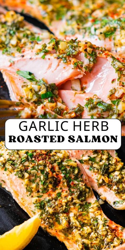 Garlic herb roasted salmon is packed with buttery flavor, fresh herbs, and a hint of zesty lemon. In just 20 minutes, you can have a tasty and healthy dinner ready, perfect for busy weeknights. Seasoned Salmon Recipes, Orzo Salmon Recipes, Spring Salmon Recipes, Easy Salmon Seasoning, Winter Salmon Recipes, Mediterranean Seafood Recipes, Whole Salmon Recipes, Mediterranean Salmon Recipes, Salmon Lunch Recipes