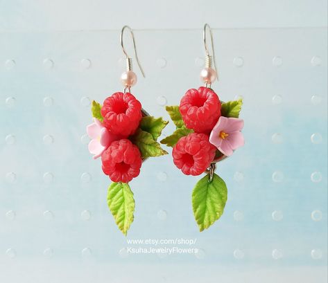 Cute Raspberry Earrings Drop leaves earrings Mini raspberry | Etsy Polymer Clay Realistic, Clay Realistic, Raspberry Flowers, Yellow Raspberries, Leaves Earrings, Flowers Earrings, Nature Earrings, Fruit Earrings, Earring Gift