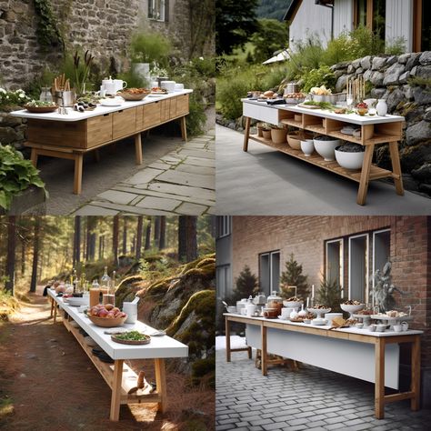 Buffet Table Design Ideas rendered through Interior AI App Buffet Table Design Ideas, Outdoor Buffet Table Ideas, Buffet Table Design, Outdoor Buffet Table, Contemporary Scandinavian Interior, Outdoor Buffet Tables, Art Deco Farmhouse, Courtyard Dining, Scandinavian Outdoor