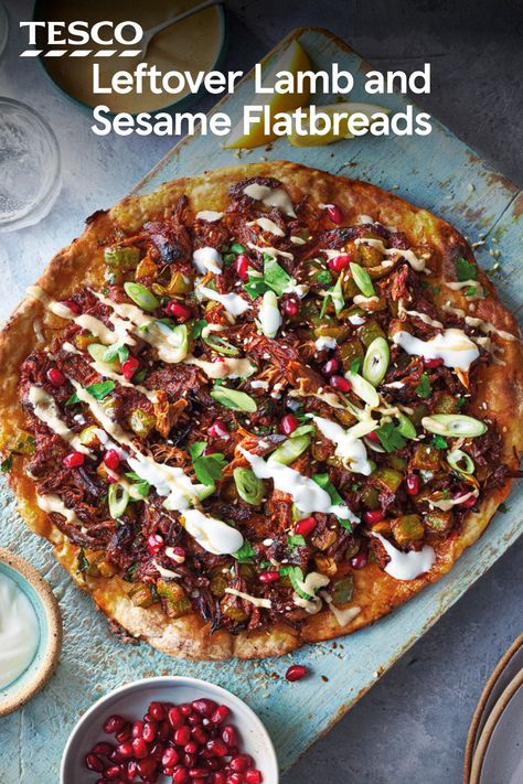 Turn leftover lamb into flavourful flatbreads. Gently spiced shredded lamb is loaded onto crispy homemade flatbreads with veggies and tahini. This one’s an absolute winner. | Tesco Shredded Lamb Recipes, Lamb Leftover Recipes, Lamb Flatbread Recipes, Easter Leftover Recipes, Lamb Flatbread, Leftover Lamb Recipes, Shredded Lamb, Smoked Lamb, Easy Suppers