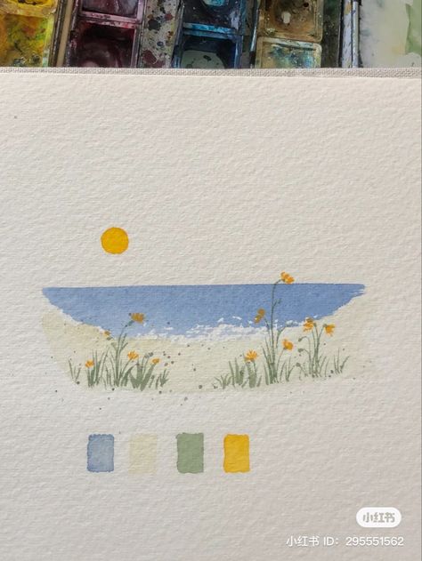 Easy Watercolor Canvas Painting, Random Watercolor Paintings, Water Colour Aesthetic Easy, Simple Ocean Watercolor, Gouache Art Step By Step, Watercolour Inspiration For Beginners, Peaceful Watercolor Painting, Art Inspo Beginner, Watercolor Art For Beginners Aesthetic