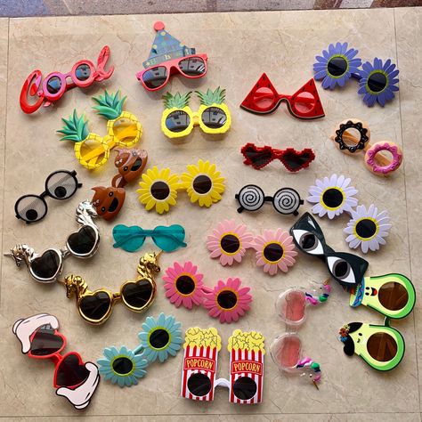 Novelty Sunglasses With Tinted Lenses, Crazy Sunglasses, Carnival Glasses, Summer Rave Sunglasses In Plastic, Pink Novelty Plastic Sunglasses, Playful Flower-shaped Plastic Sunglasses, Novelty Glasses, Heart-shaped Plastic Sunglasses With Mirrored Lenses, Got Costumes