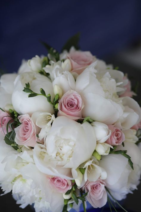 white peonies, pale pink roses and fresh freesias for this lovely sorrento wedding bouquet Peonies And Rose Bouquet, Pale Pink Flower Bouquet, Peony And Rose Wedding Bouquet, White And Pink Bouquet Wedding, Pink And White Flowers Wedding, Pink And White Bridesmaid Bouquet, Roses And Peonies Bouquet, Peonies And Roses Bouquet, Peonies Bouquet Wedding