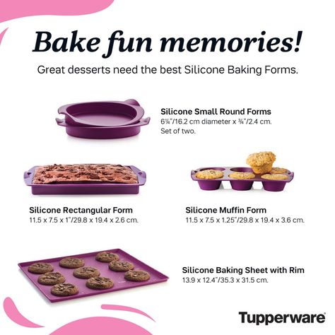 Bake fun memories with Tupperware's Silicone Molds. https://www.tupperware.com/collections/oven-bakeware?twcId=US-81000095103&twpId=4101269562&utm_medium=tupsocial&utm_campaign=mb%7Ccatalog%7Csummer-catalog-2023&utm_tupsocialpostid=89496dc0-b084-4feb-aba6-5ecd97464a2d&utm_targeting=81000095103&utm_source=pinterest&utm_content=303525 #linkinbio #Tupperware #Bakeware #giftideas #birthdaycelebration #may #baker #siliconemolds Tupperware Party Ideas, Tupperware Party, Silicone Baking Sheet, Cupcake Mold, Innovative Kitchen, Fun Memories, Facebook Party, Business Opportunity, Great Desserts