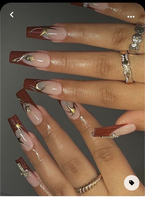 Brown Nail Designs, Brown Nail Art, Gold Chrome Nails, Brown Acrylic Nails, Nail Designs Ideas, Orange Nail Designs, Brown Nail, Brown Nails Design, Chic Nail Art