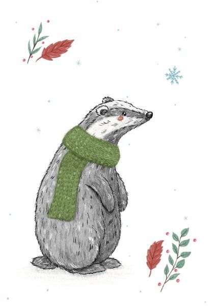 Christmas Robin Illustration, Winter Animal Illustration, Cute Badger Drawing, Badger Watercolor, Badger Drawing, Adirondack Art, Badger Illustration, Porcelain Animal, Animal Study