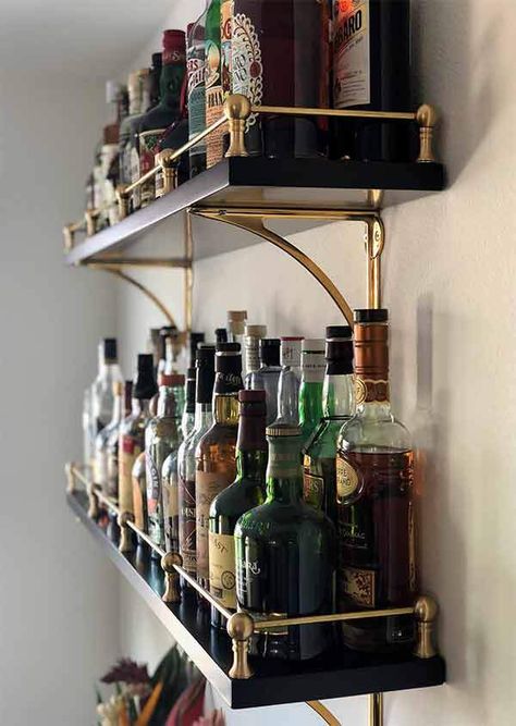 Eye-catching Brass Gallery Rail attaches to top perimeter of antique desks, bookcases, cabinets and shelving. Solid Brass railing is totally customizable! Brass Gallery Rail, Antique Desks, Bar Deco, Gallery Rail, Home Bar Rooms, Bar Shelves, Bar Inspiration, Bar Shelf, Home Bar Designs