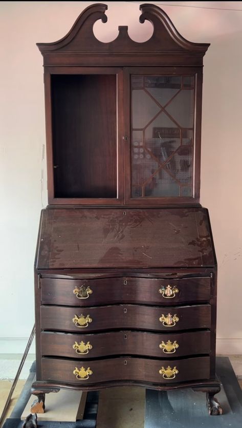 Bold Antique Secretary Desk Makeover - Oak & Grain Home Ethan Allen Desk Makeover, Refinished Secretary Desk, Hutch Makeover Diy, Small Secretary Desk, Painted Secretary Desks, Secretary Desk Makeover, French Secretary Desk, Antique Secretary Desk, Furniture Flipping Business