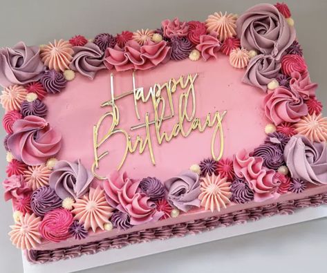 Pink And Teal Birthday Cake, Square Cookie Cake Decorating Ideas, Sheet Cake Designs Birthday, 40th Birthday Cake For Women, Birthday Cake For Women Elegant, Square Birthday Cake, Square Cake Design, Pastel Rectangular, Birthday Cake Roses