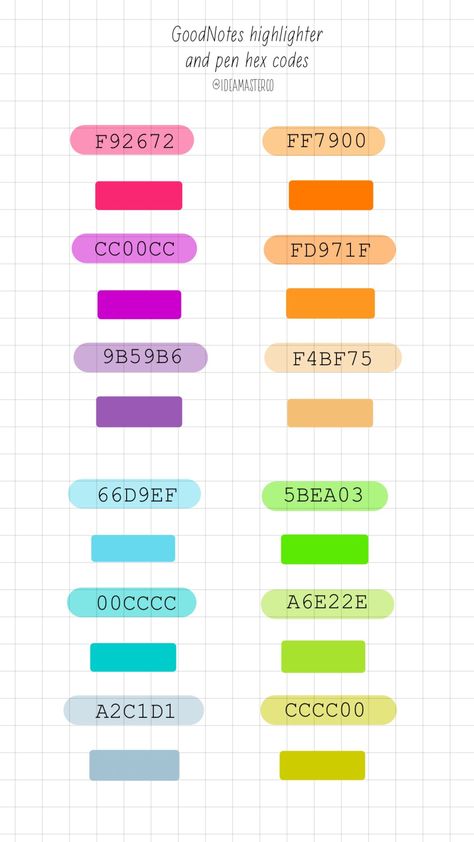 Goodnotes Color Palette Bright, Pen Colors For Goodnotes, Highlighter Hex Code, Goodnotes Hex Codes Pen, Goodnotes Color Palette Hex Codes, Goodnotes Highlighter Hex Codes, Goodnotes Palette, Goodnotes Pen Color Code, Goodnotes Planner Ideas