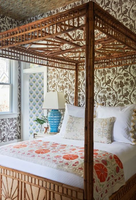 Orange Bed Frame, Vintage Canopy Bed, High Ceiling Bedroom, Orange Bed, Monogram Bedding, South Carolina Homes, Manhattan Apartment, Bunk Room, Vintage Bed